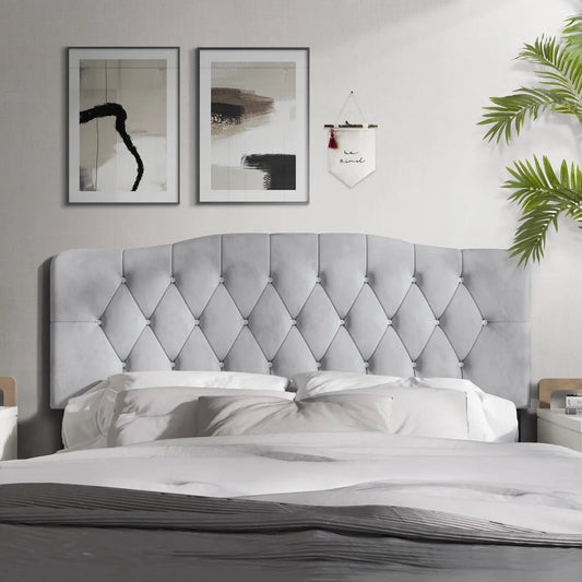 Modern Upholstered Tufted Headboard Adjustable Height Silver Grey Velvet Queen Size