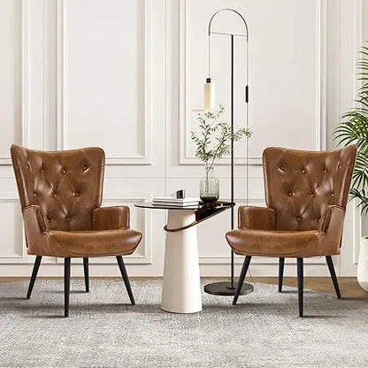 Set of 2, PU Leather Armchair with High Backrest, Mid Century Modern