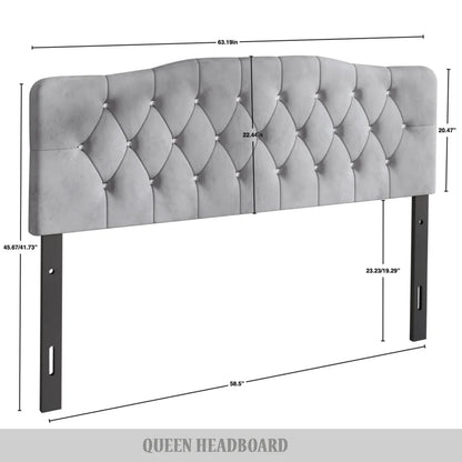 Modern Upholstered Tufted Headboard Adjustable Height Silver Grey Velvet Queen Size