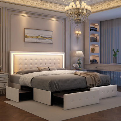 LED Bed Frame with 4Drawers, RGBW Headboard, PU Upholstered, No Box Spring Needed