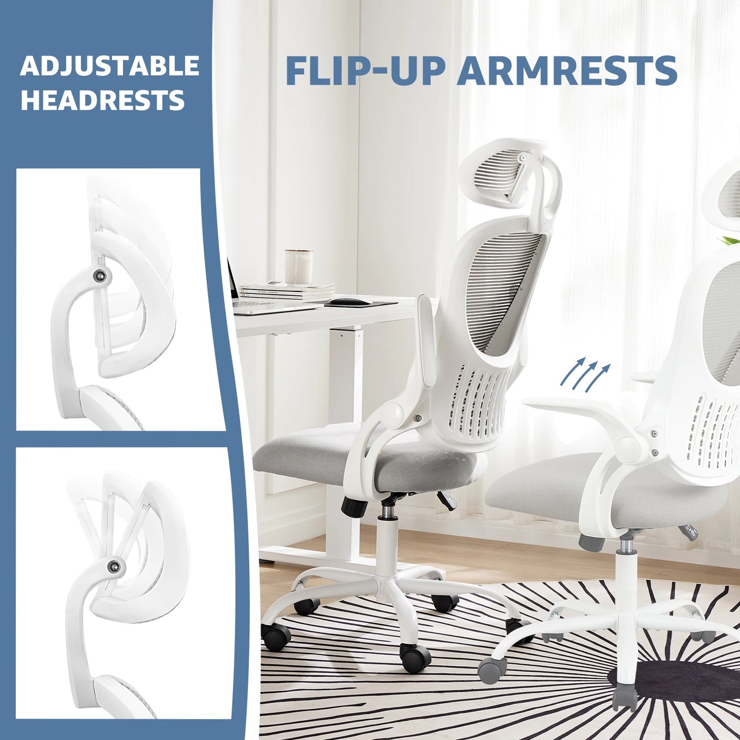 Mesh Ergonomic Office Chair Flip-up Arms Adjustable Headrests Comfortable Lumbar Support