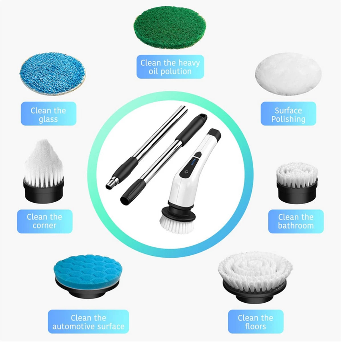 Electric Spin Scrubber, with 7 Replacement Brush Heads and Extension Handle
