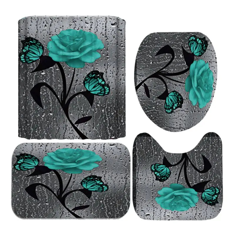 4pcs Set Shower Curtain, Non-Slip Rugs, Toilet Seat Cover Durable Waterproof Decor