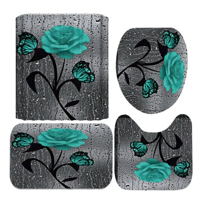 4pcs Set Shower Curtain, Non-Slip Rugs, Toilet Seat Cover Durable Waterproof Decor