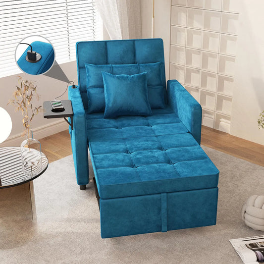 Velvet Chaise Lounge Chair with USB Ports & Two Pillows