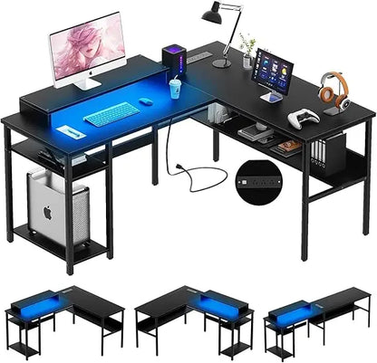 Reversible L Shaped Desk with Power Outlets, Smart LED Light