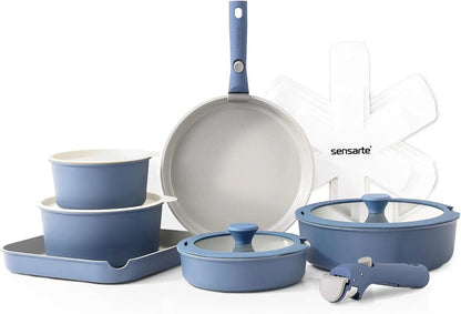 17 Piece Ceramic Cookware Set, Nonstick, Detachable Handle