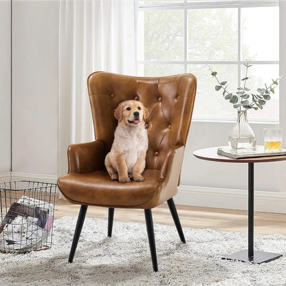 Set of 2, PU Leather Armchair with High Backrest, Mid Century Modern