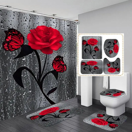 4pcs Set Shower Curtain, Non-Slip Rugs, Toilet Seat Cover Durable Waterproof Decor
