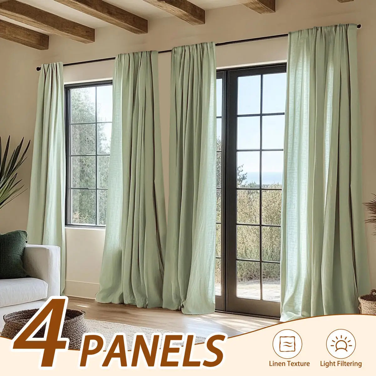 4Panel Light Filtering, Linen Texture and Rod Pocket Window Drapes