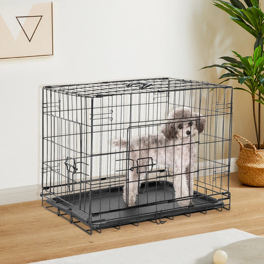 Double Door Folding Metal Pet Kennel with Plastic Leak-Proof Pan Tray