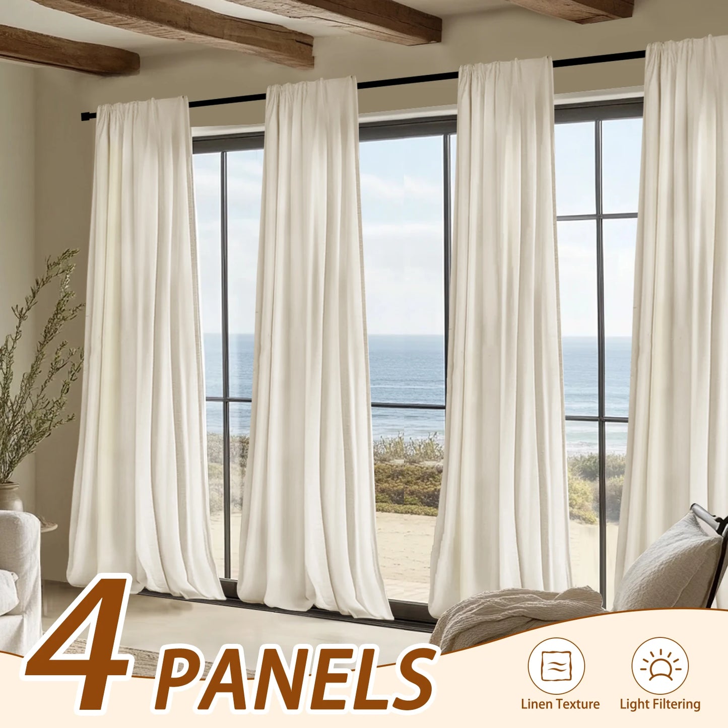 4Panel Light Filtering, Linen Texture and Rod Pocket Window Drapes