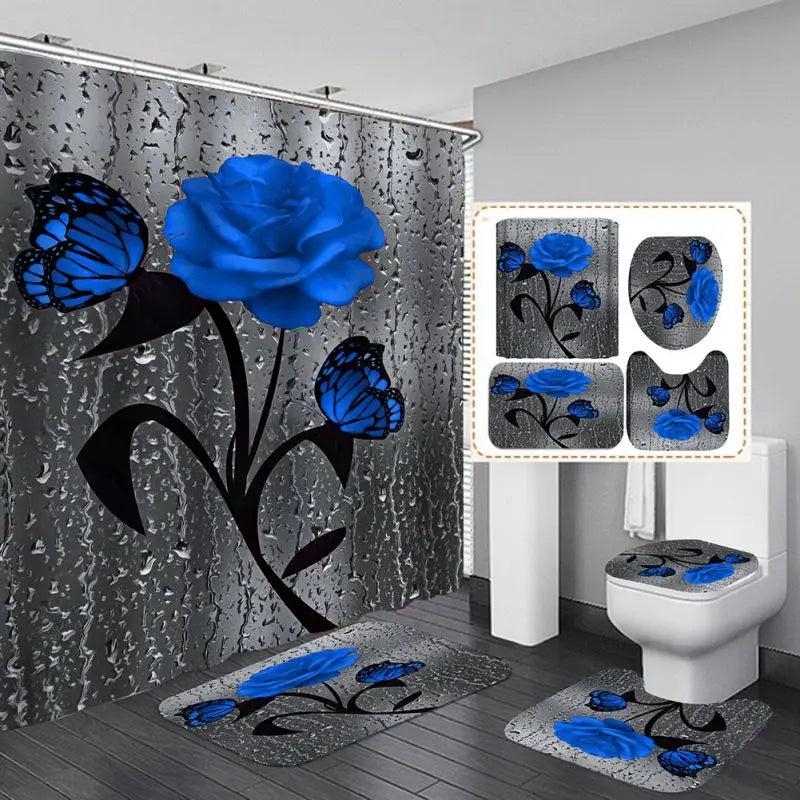 4pcs Set Shower Curtain, Non-Slip Rugs, Toilet Seat Cover Durable Waterproof Decor