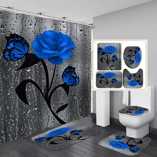 4pcs Set Shower Curtain, Non-Slip Rugs, Toilet Seat Cover Durable Waterproof Decor