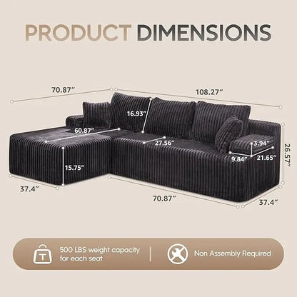Modular L-Shaped 3-Seat Sectional Deep Seating Sofa