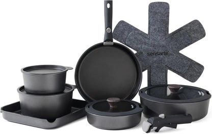 17 Piece Ceramic Cookware Set, Nonstick, Detachable Handle