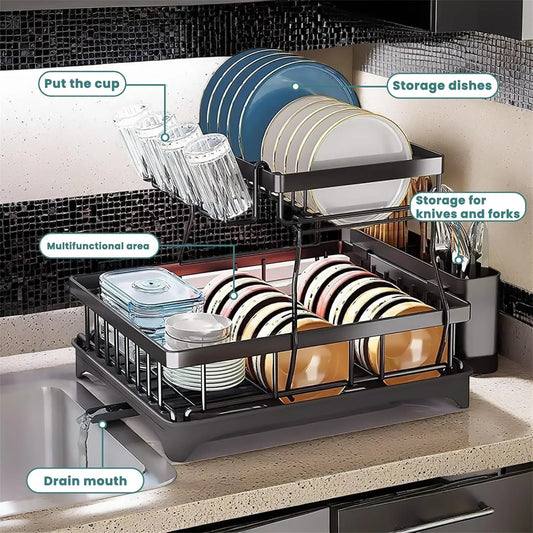 2-Tier Stainless Steel Dish Drying Rack –With Drainer & Cutlery Holder