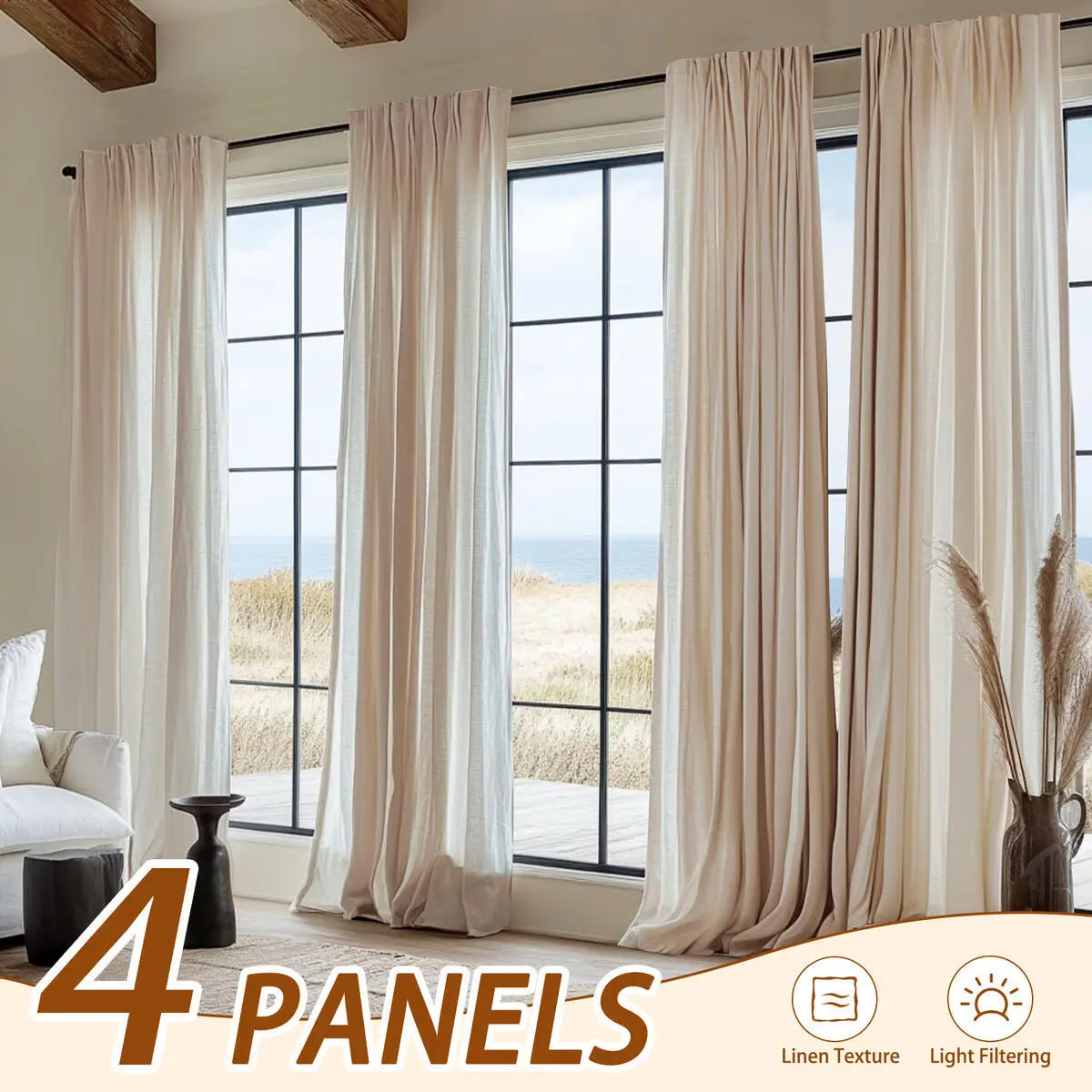 4Panel Light Filtering, Linen Texture and Rod Pocket Window Drapes