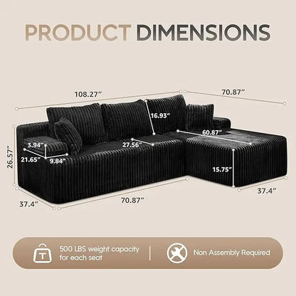 Modular L-Shaped 3-Seat Sectional Deep Seating Sofa