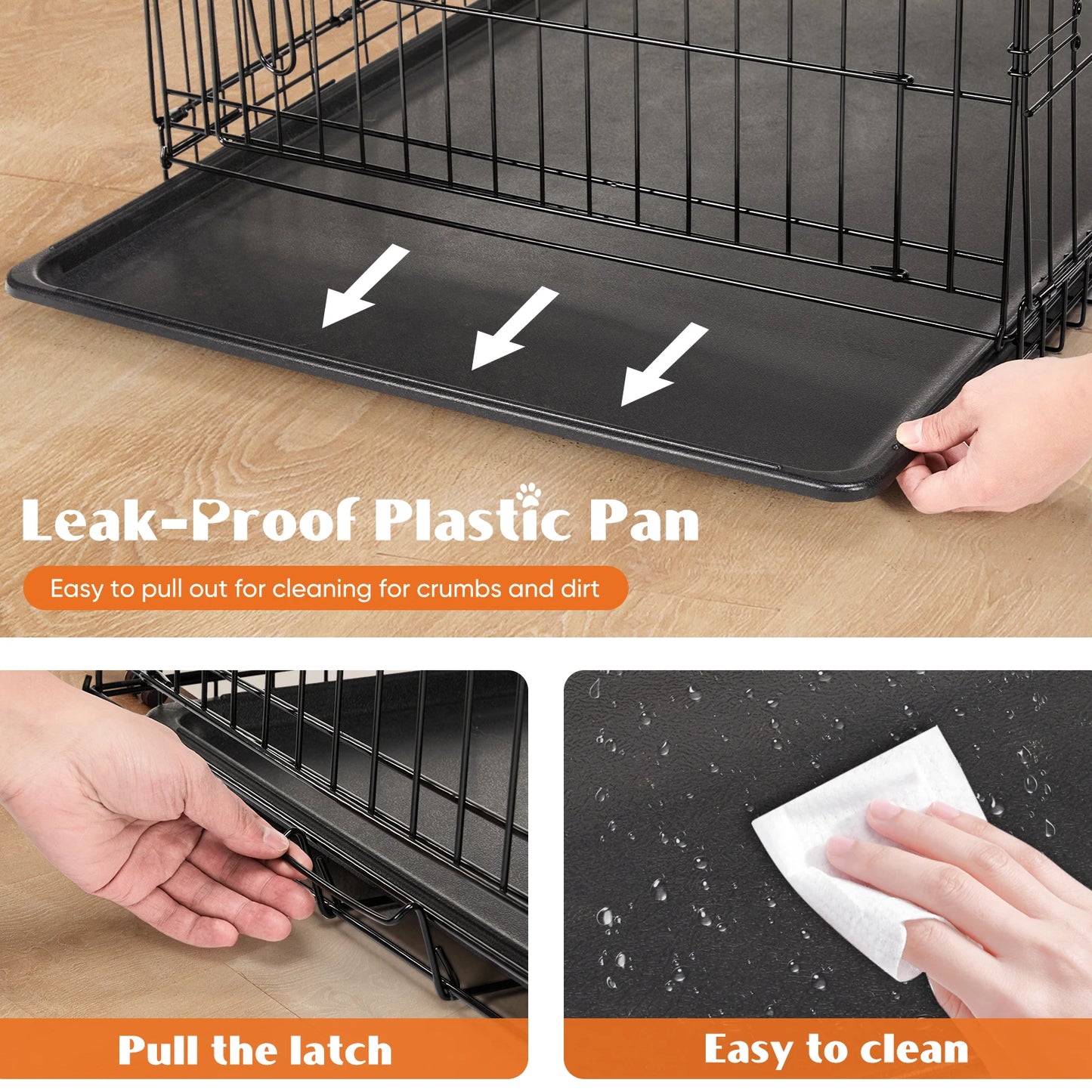 Double Door Folding Metal Pet Kennel with Plastic Leak-Proof Pan Tray