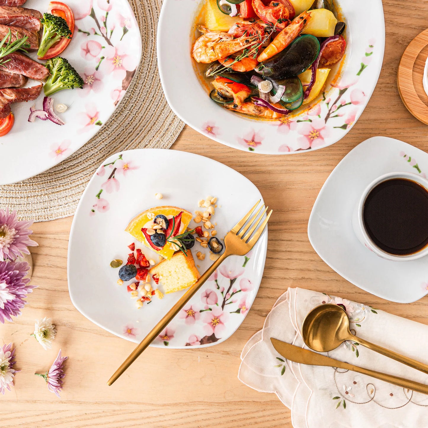 60-Piece White Ceramic Pink Floral Porcelain Plate Set