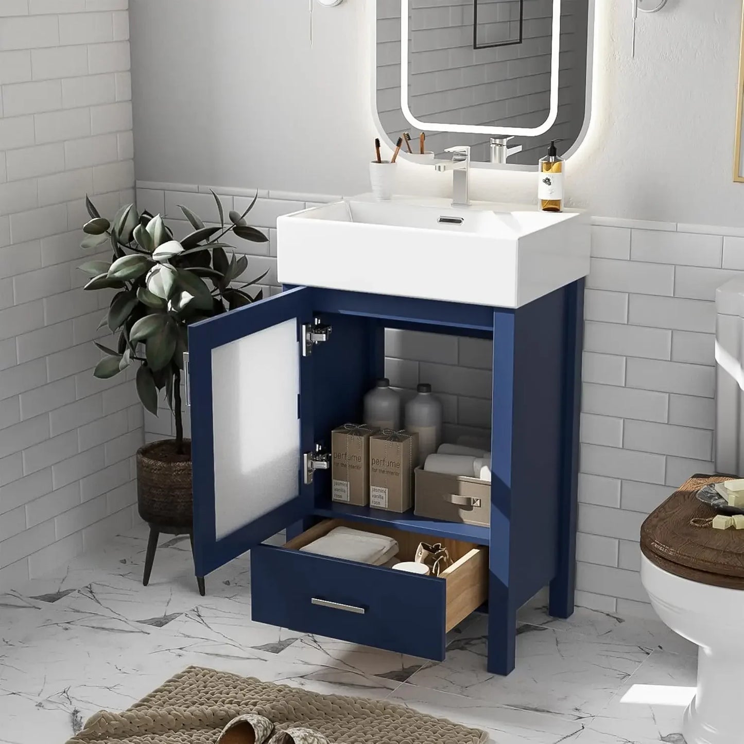 20-inch Solid Wood Vanity Set with Ceramic Sink, Free Standing Cabinet