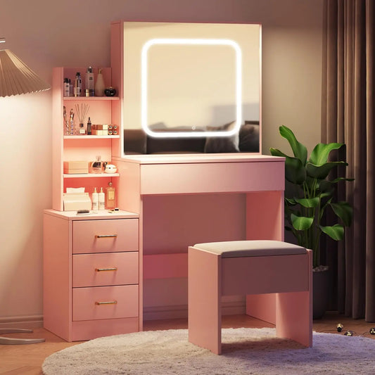 Vanity Desk with Mirror and Led Lights, Bench Included