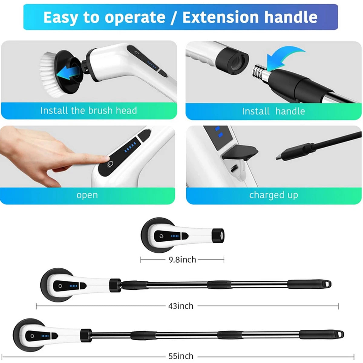 Electric Spin Scrubber, with 7 Replacement Brush Heads and Extension Handle