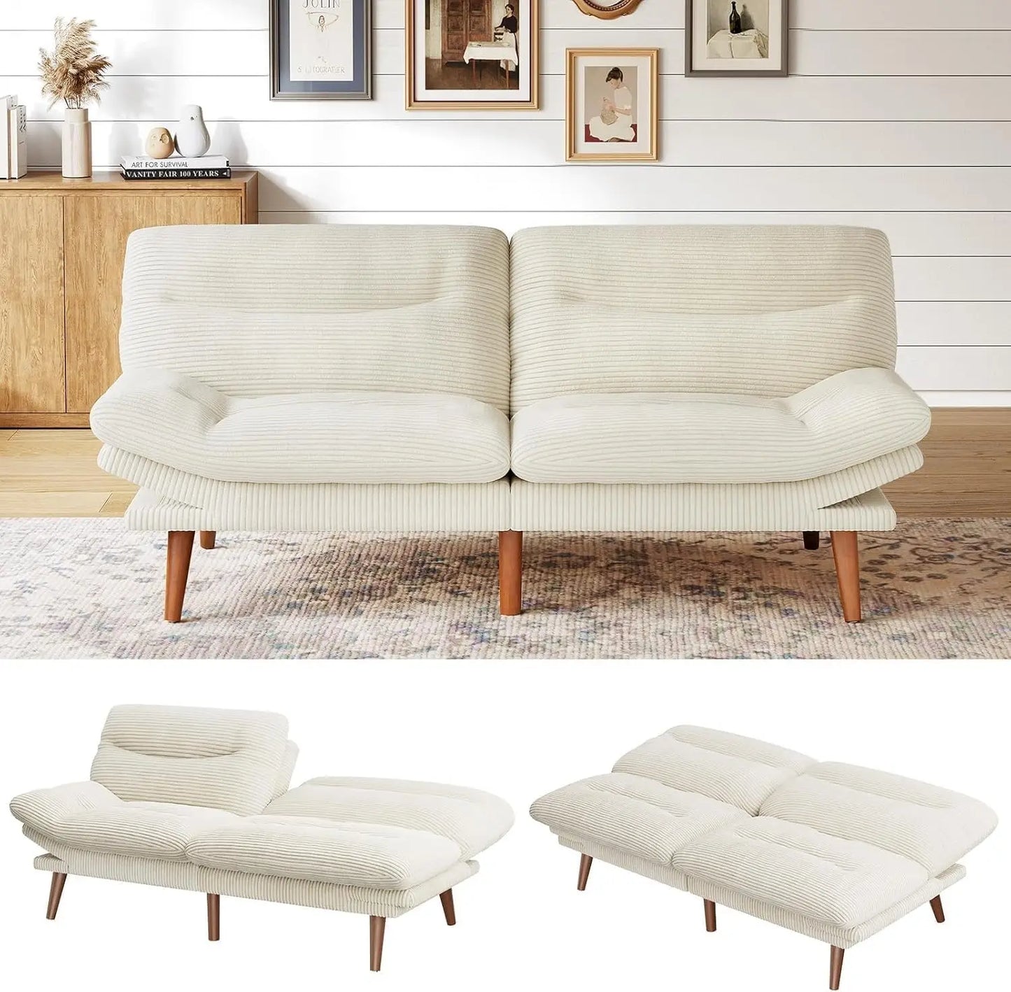 Futon Sofa Bed with Adjustable Backrest & Armrests