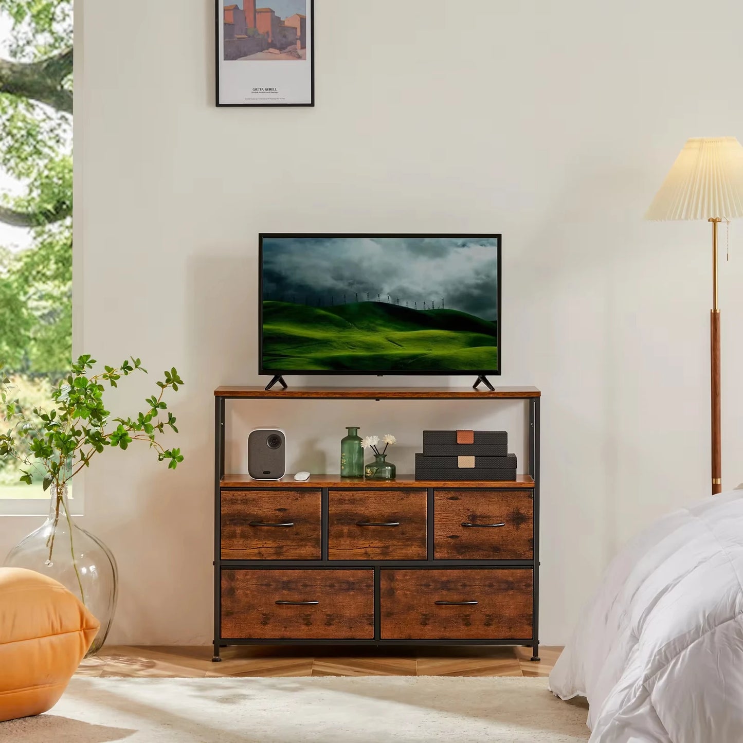 TV Stand With 5 Fabric Drawers For Storage And Display Self