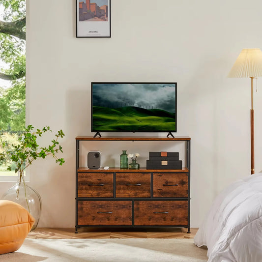 TV Stand With 5 Fabric Drawers For Storage And Display Self