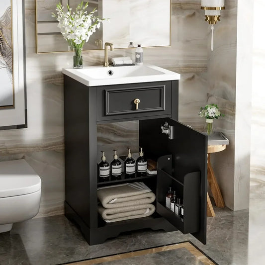 20-inch Solid Wood Vanity Set with Ceramic Sink, Free Standing Cabinet