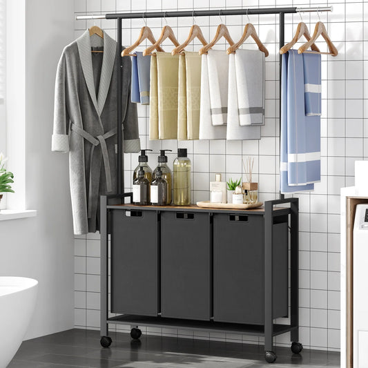 Laundry Sorter With Extendable Hanging Bar/ Wheels And Shelf