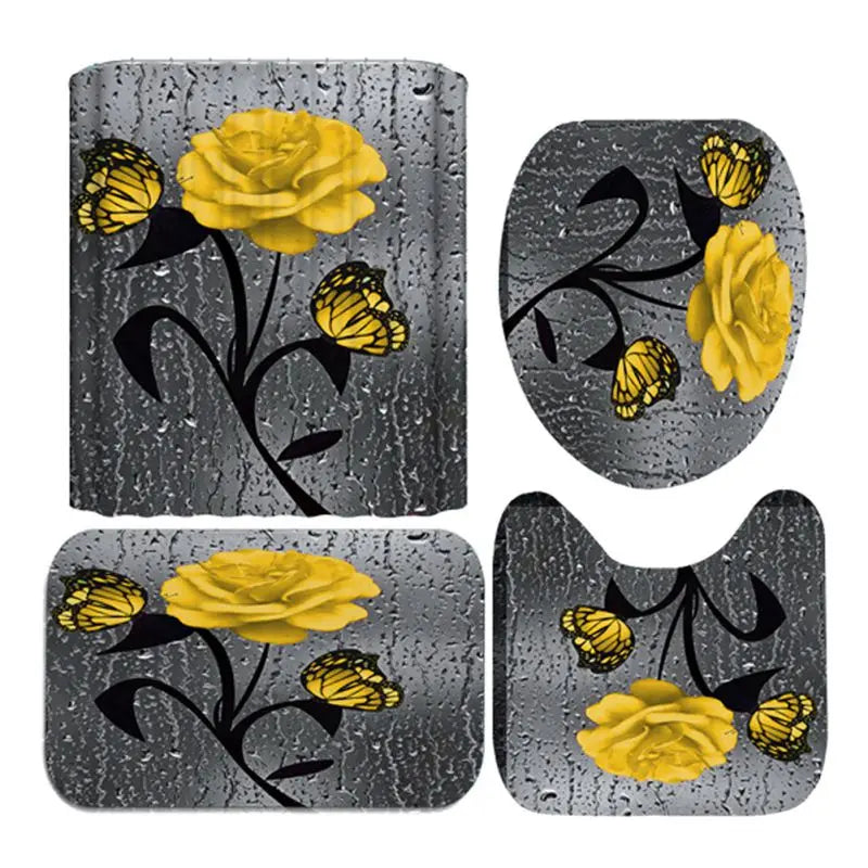 4pcs Set Shower Curtain, Non-Slip Rugs, Toilet Seat Cover Durable Waterproof Decor