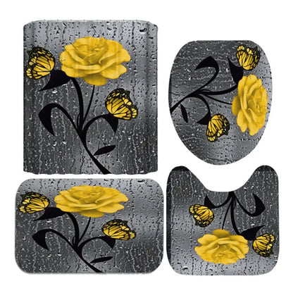 4pcs Set Shower Curtain, Non-Slip Rugs, Toilet Seat Cover Durable Waterproof Decor