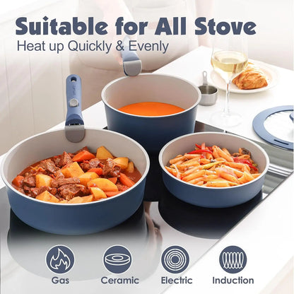 17 Piece Ceramic Cookware Set, Nonstick, Detachable Handle
