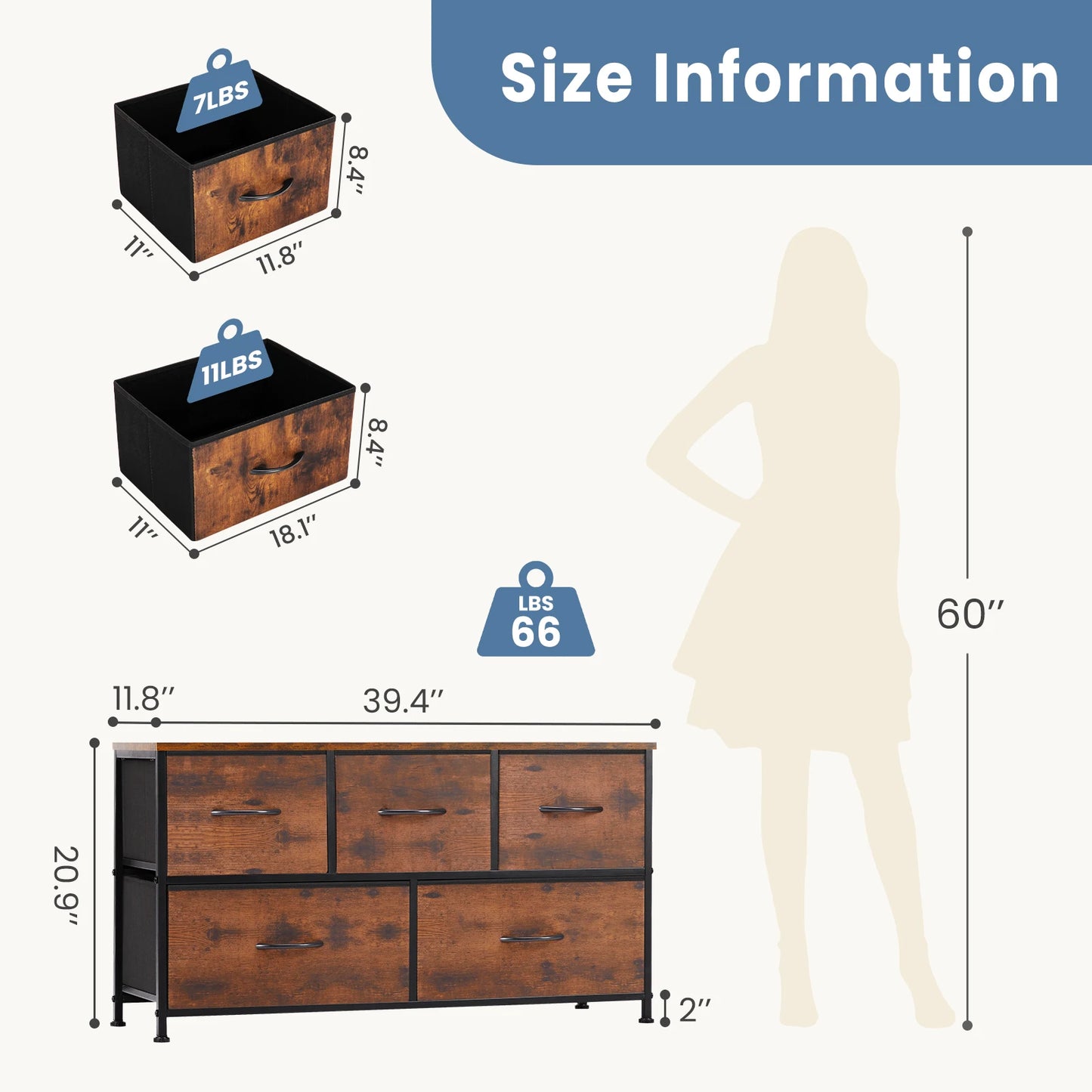 Display/Storage Cabinet With 5 Fabric Drawers Steel Frame Assembly Closet For Clothes Storage Dresser