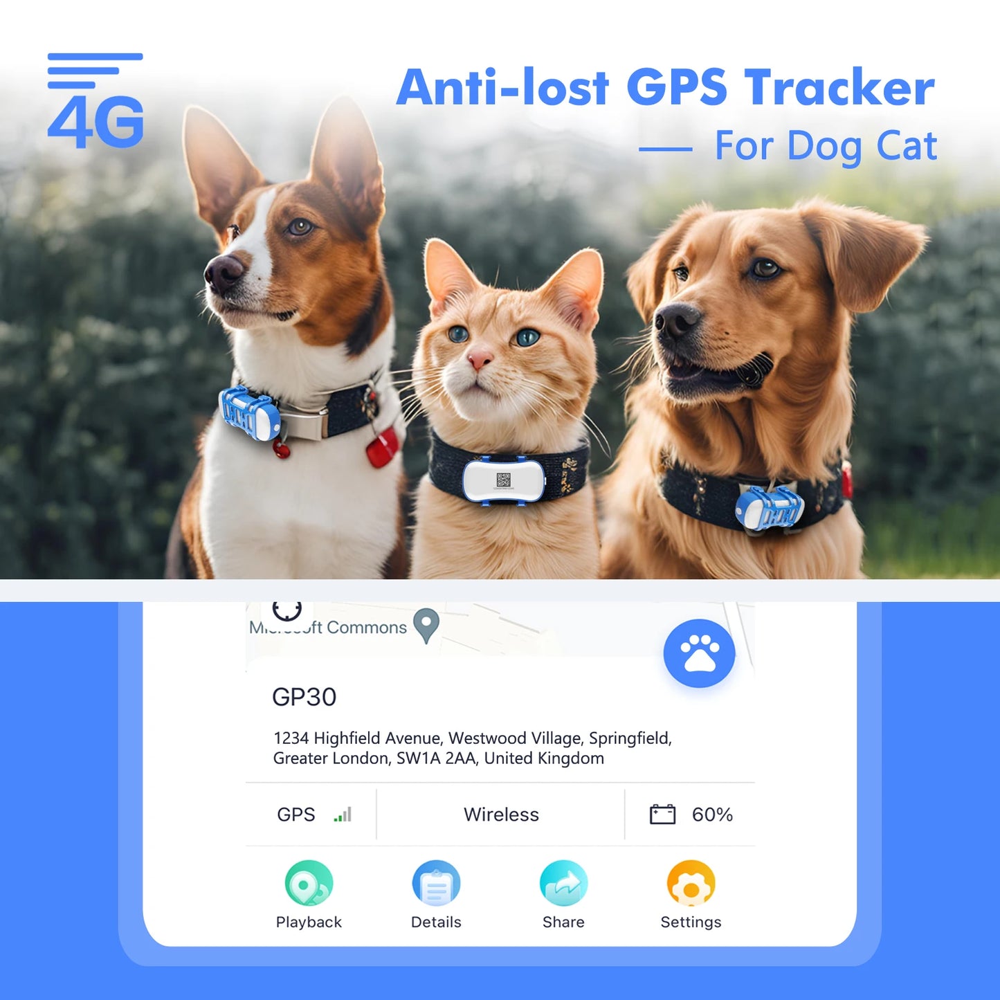 ‌4G GPS Tracker for Pets - Waterproof Smart Locator with App, with Subscription