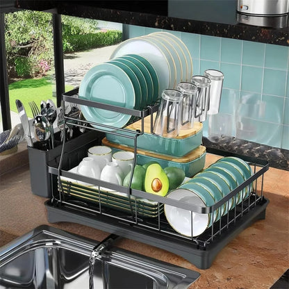2-Tier Stainless Steel Dish Drying Rack –With Drainer & Cutlery Holder