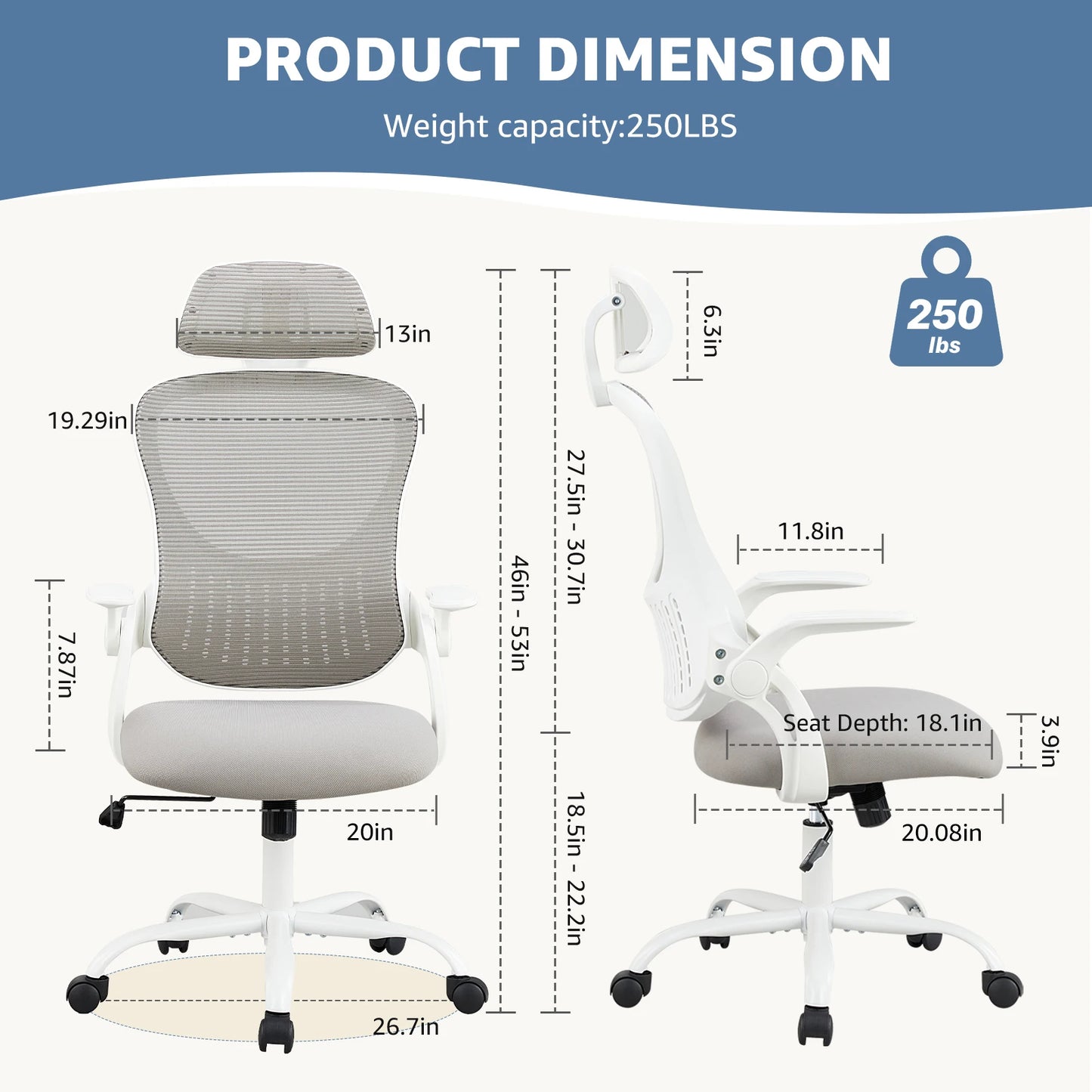 Mesh Ergonomic Office Chair Flip-up Arms Adjustable Headrests Comfortable Lumbar Support