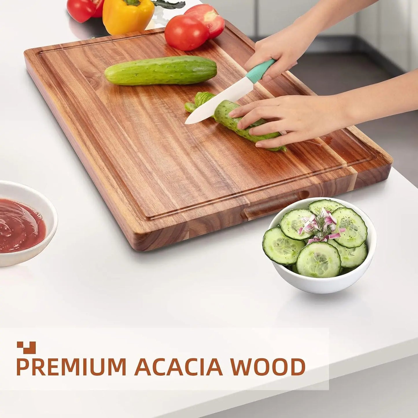 Butcher Block Cutting Board, Thick with Side Handles & Water Grooves