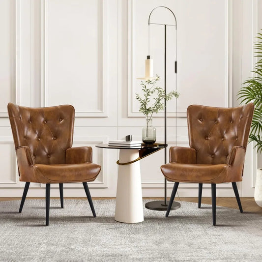 Set of 2, PU Leather Armchair with High Backrest, Mid Century Modern
