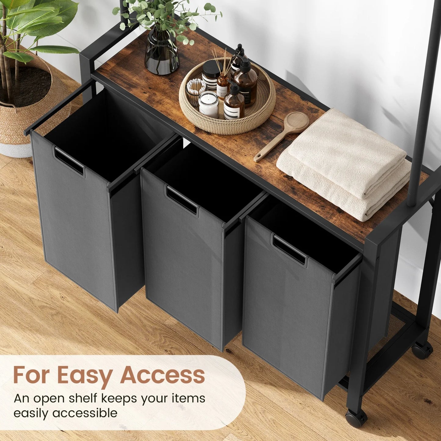 Laundry Sorter With Extendable Hanging Bar/ Wheels And Shelf
