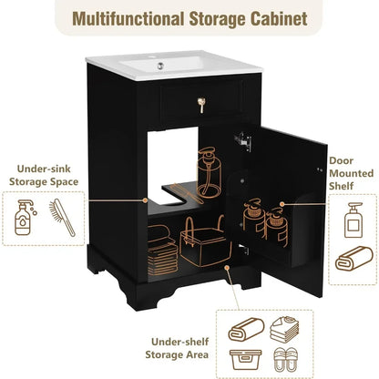20-inch Solid Wood Vanity Set with Ceramic Sink, Free Standing Cabinet