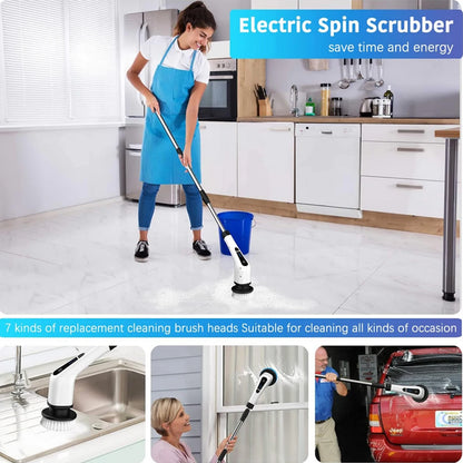 Electric Spin Scrubber, with 7 Replacement Brush Heads and Extension Handle