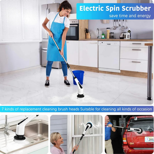 Electric Spin Scrubber, with 7 Replacement Brush Heads and Extension Handle