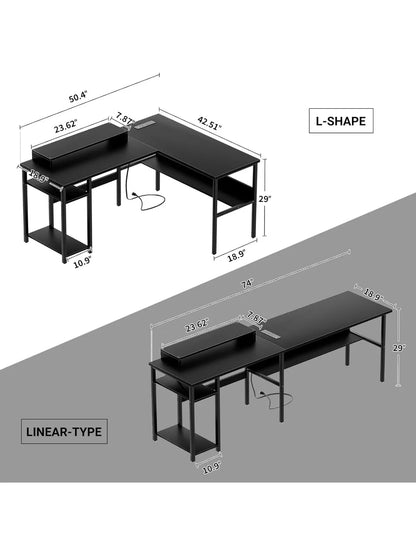 Reversible L Shaped Desk with Power Outlets, Smart LED Light