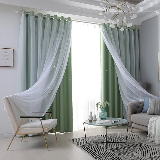 2 Panels Double Layer Blackout Curtains with Stars and Solid Colors