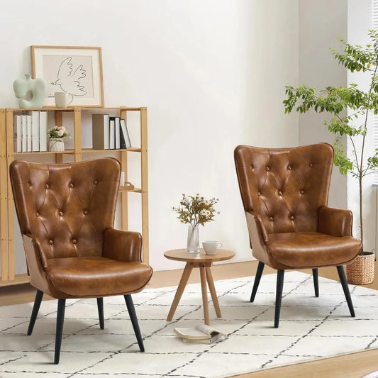 Set of 2, PU Leather Armchair with High Backrest, Mid Century Modern