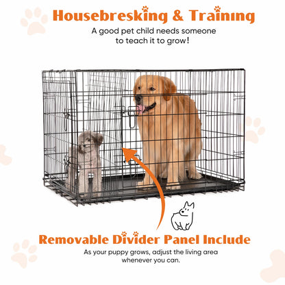 Double Door Folding Metal Pet Kennel with Plastic Leak-Proof Pan Tray